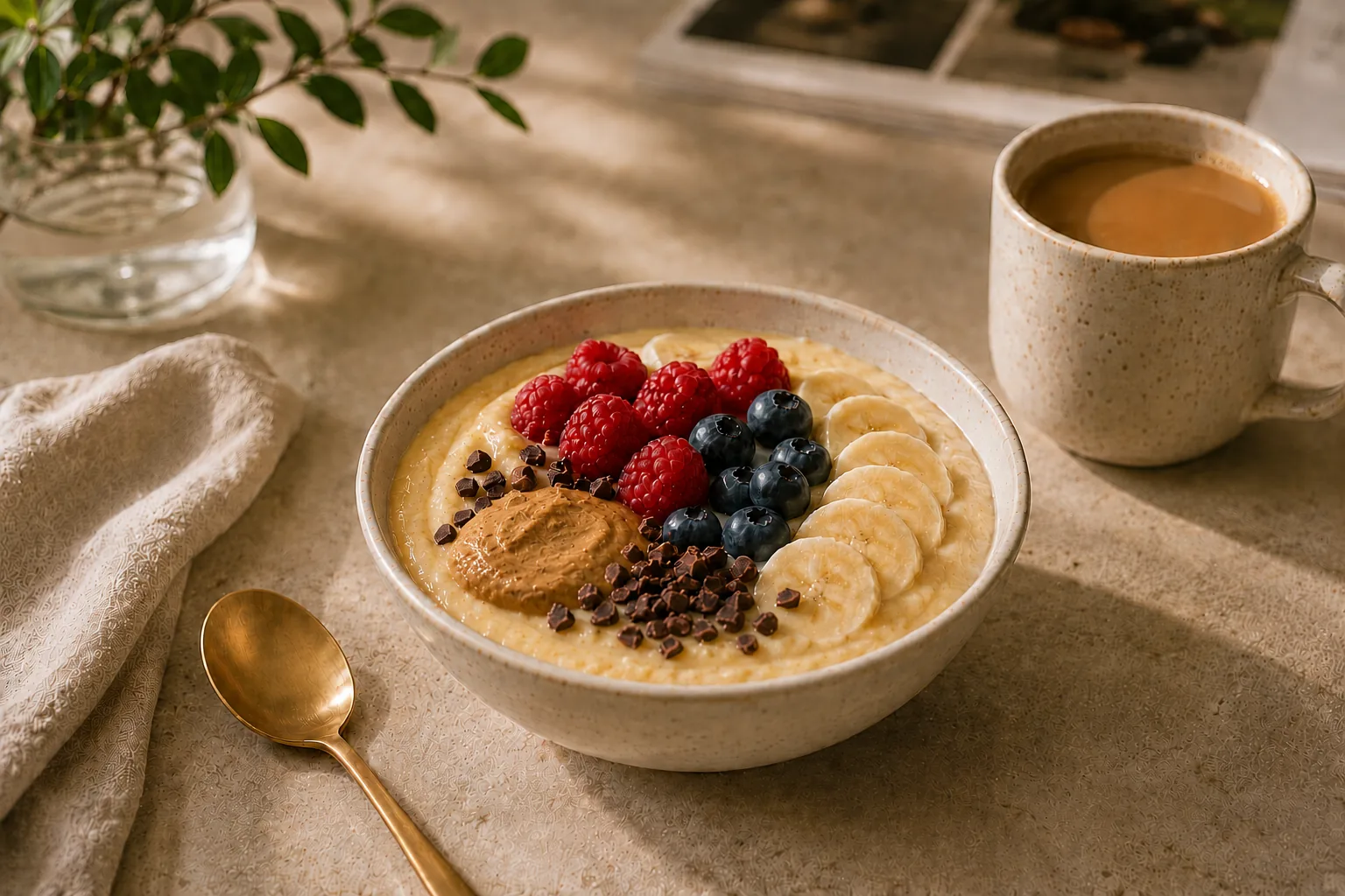 Protein Bowl mit MoLove Pudding, frischen Beeren, Banane, Mandelmus und Kakao-Nibs, dazu ein Heißgetränk